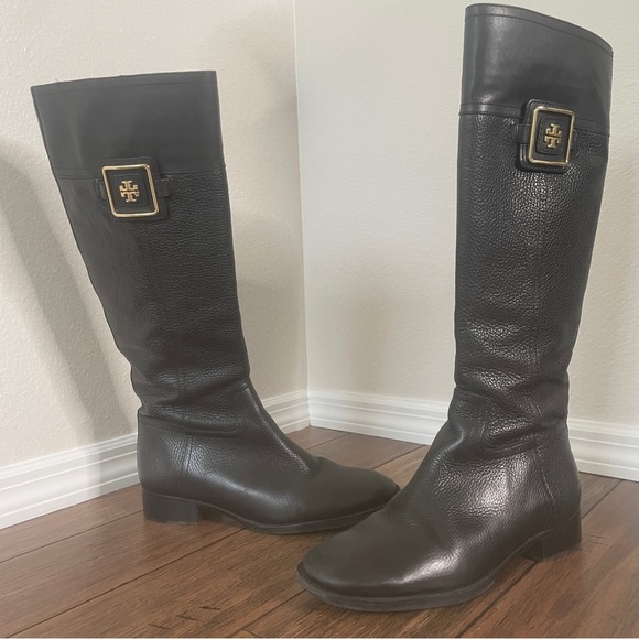 Tory Burch black grained leather riding boots zip up knee high boots vintage - Picture 16 of 16